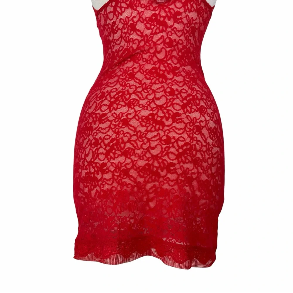Victorias Secret Vintage Y2K Red Sheer Floral Lace Bodycon Mini Slip Dress Small